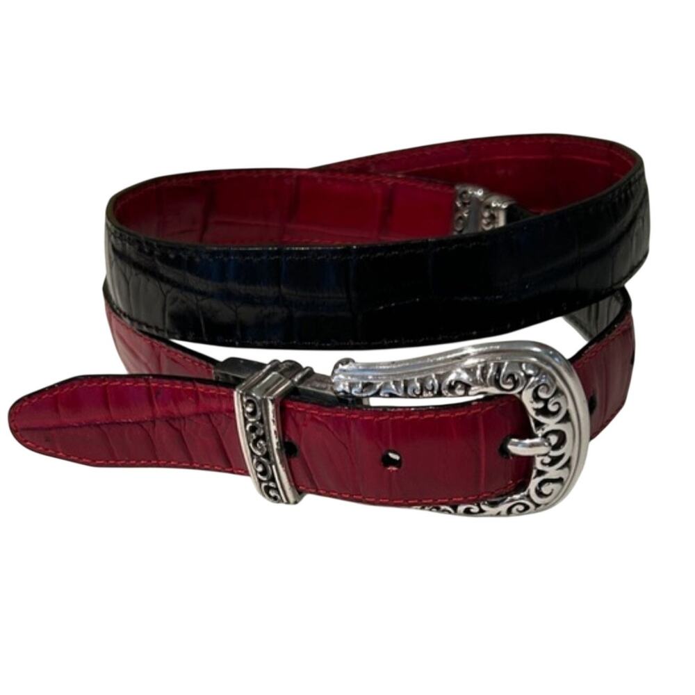 Brighton Red Black Reversible Leather Belt XL 36 Silver Buckle Classic Chic
